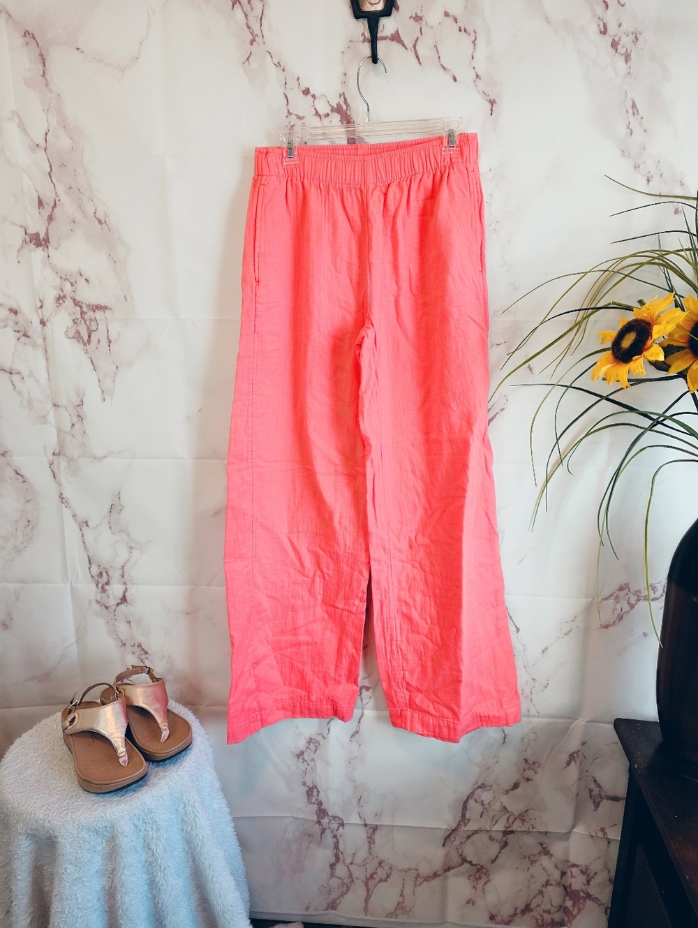 Old Navy Wide Leg Pants Tall Coral Linen Blend Elastic Waist Side Slit S - Picture 3 of 6